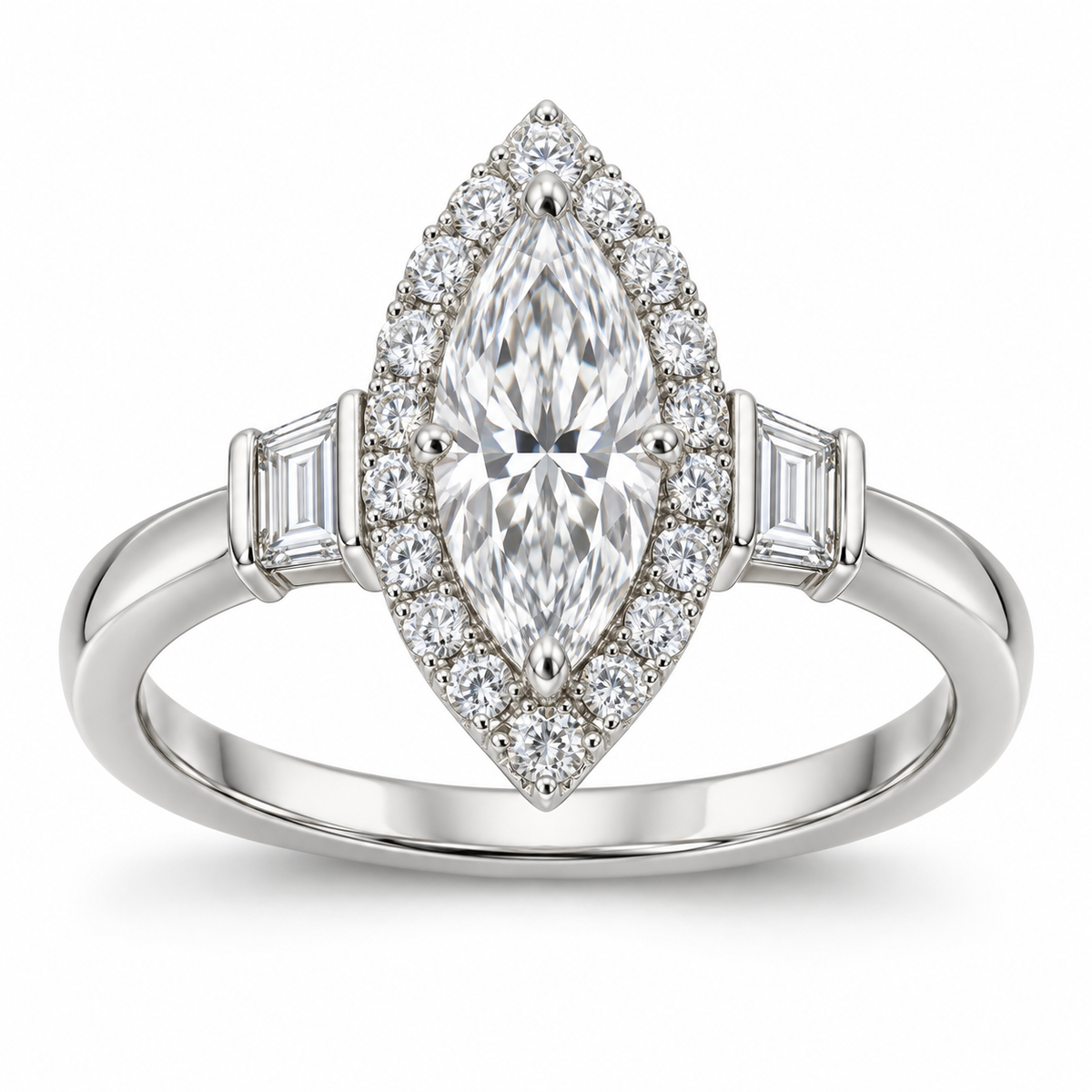[metal:white-gold] Azeline Marquise Halo Setting — front — Original setting design illustration [catalog-v4]