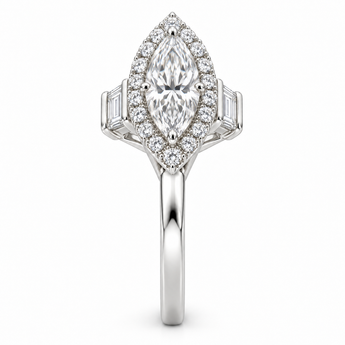 [metal:white-gold] Azeline Marquise Halo Setting — side-profile — Original setting design illustration [catalog-v4]