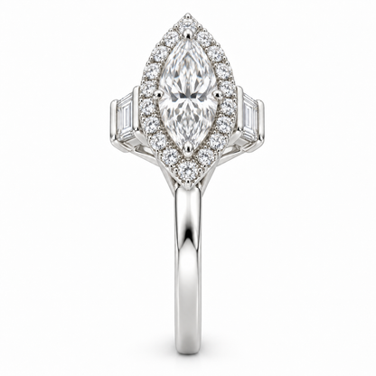[metal:white-gold] Azeline Marquise Halo Setting — side-profile — Original setting design illustration [catalog-v4]