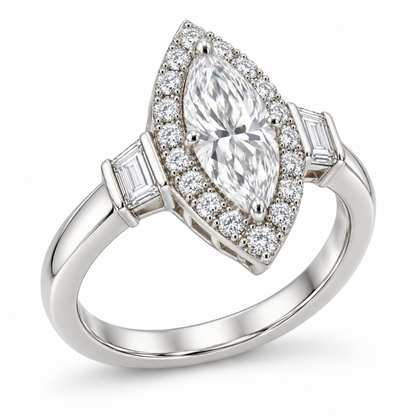 [metal:white-gold] Azeline Marquise Halo Setting — three-quarter — Original setting design illustration [catalog-v4]