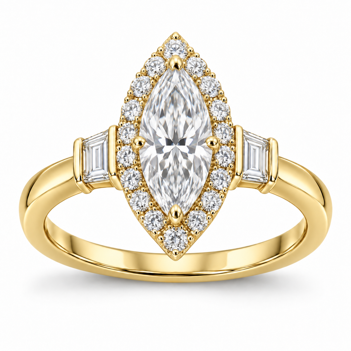 [metal:yellow-gold] Azeline Marquise Halo Setting — front — Original setting design illustration [catalog-v4]