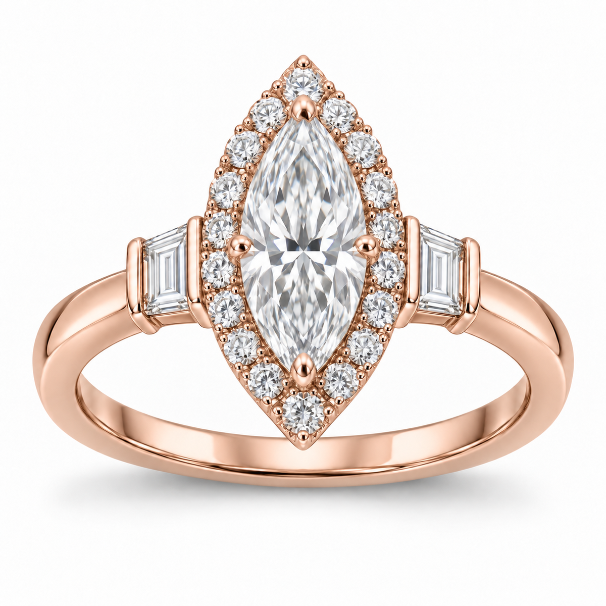 [metal:rose-gold] Azeline Marquise Halo Setting — front — Original setting design illustration [catalog-v4]