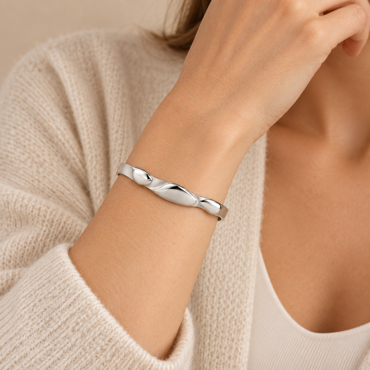 [metal:white-gold] Beliora Pebble Cuff — worn — Same design shown worn [catalog-v4]