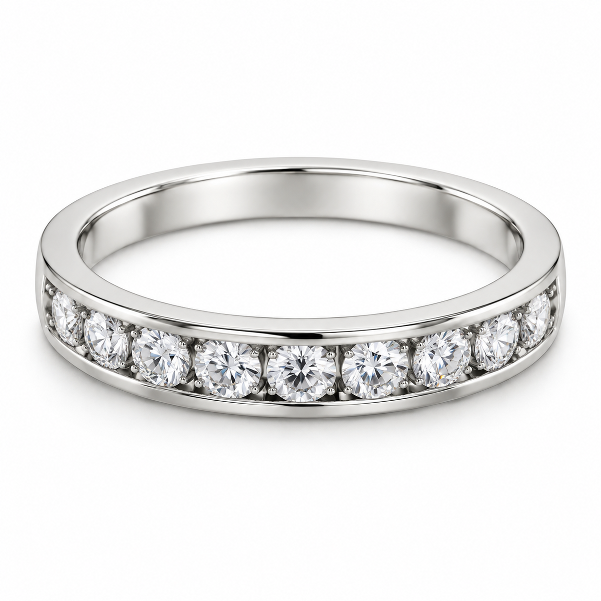 [metal:white-gold] Bellecour Channel Diamond Ring — front — Channel-set round diamond half band, shallow front studio view [catalog-v4]