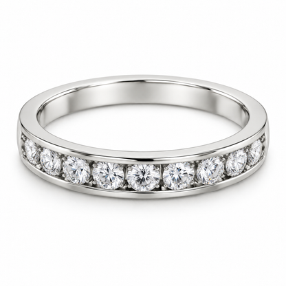 [metal:white-gold] Bellecour Channel Diamond Ring — front — Channel-set round diamond half band, shallow front studio view [catalog-v4]