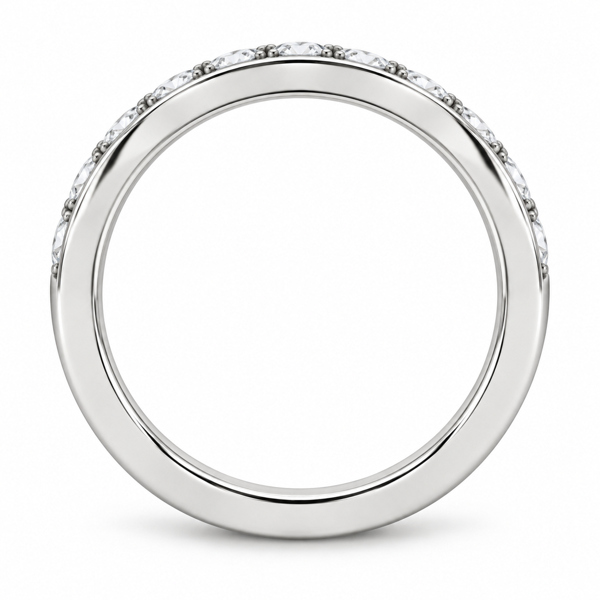 [metal:white-gold] Bellecour Channel Diamond Ring — top — Channel-set round diamond half band, circular elevation studio view [catalog-v4]