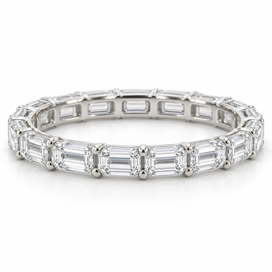[metal:white-gold] Brielle Emerald Eternity Ring — front — East-west emerald-cut diamond eternity ring, shallow front studio view [catalog-v4]