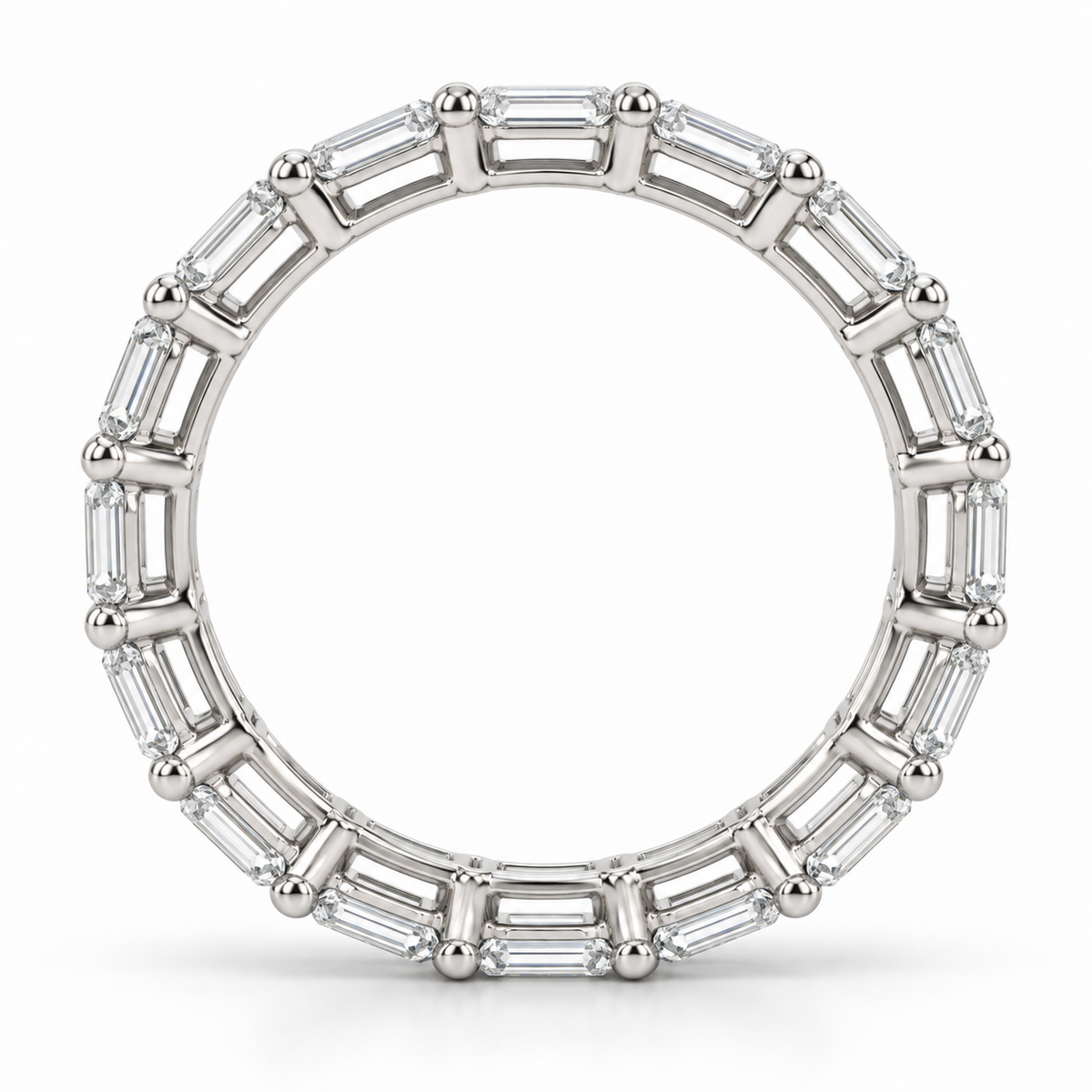 [metal:white-gold] Brielle Emerald Eternity Ring — top — East-west emerald-cut diamond eternity ring, circular elevation studio view [catalog-v4]