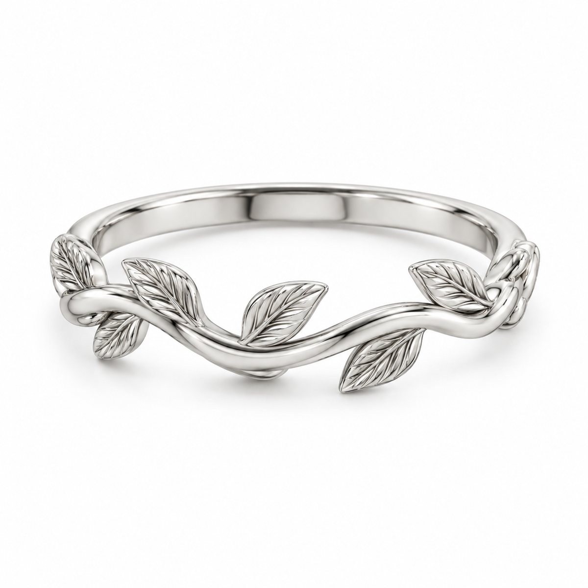 [metal:white-gold] Briony Botanical Ring — front — Sculpted vine band with leaf details, shallow front studio view [catalog-v4]