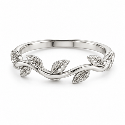 [metal:white-gold] Briony Botanical Ring — front — Sculpted vine band with leaf details, shallow front studio view [catalog-v4]
