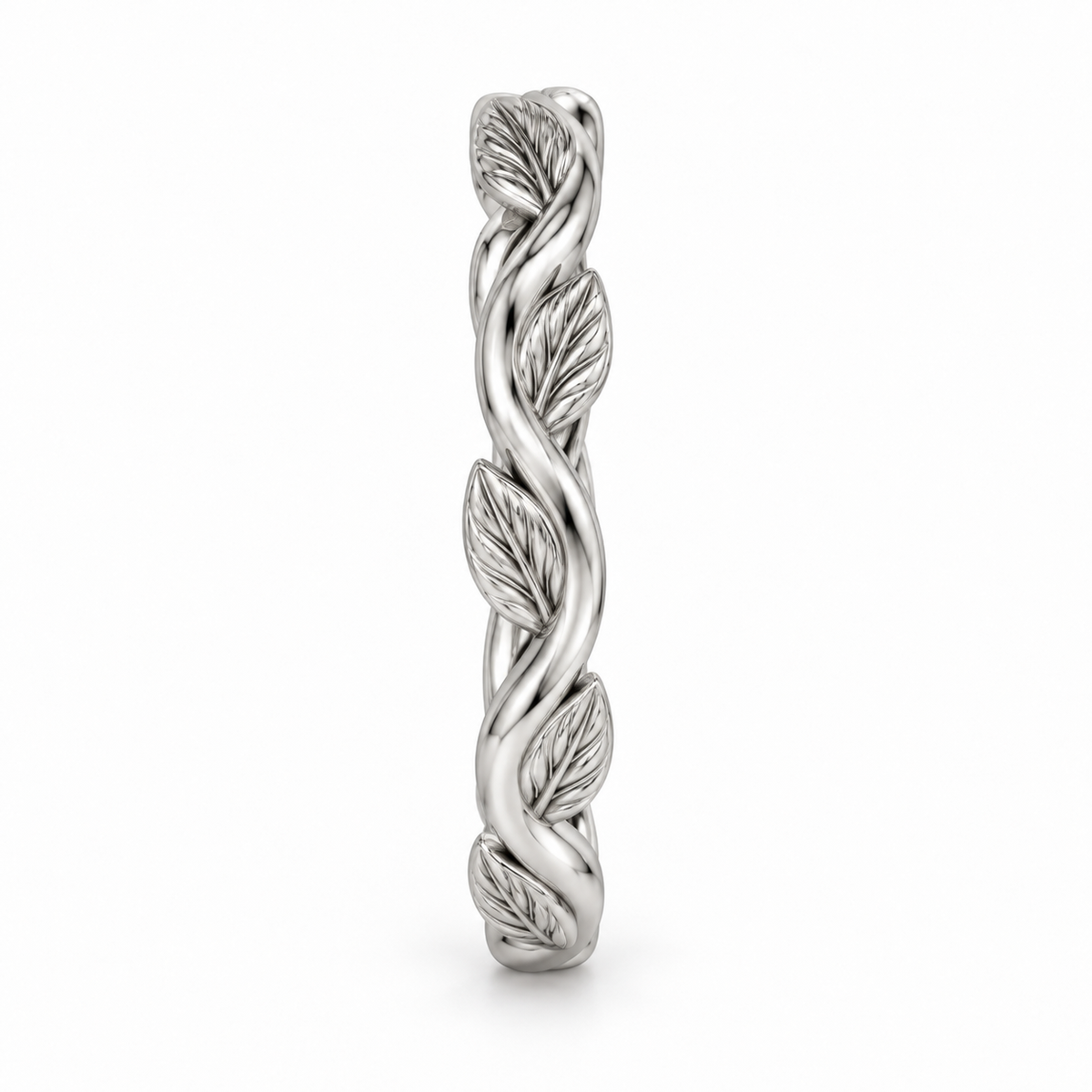 [metal:white-gold] Briony Botanical Ring — side-profile — Sculpted vine band with leaf details, edge profile studio view [catalog-v4]