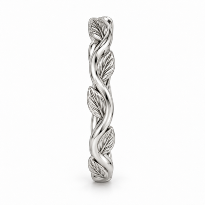 [metal:white-gold] Briony Botanical Ring — side-profile — Sculpted vine band with leaf details, edge profile studio view [catalog-v4]