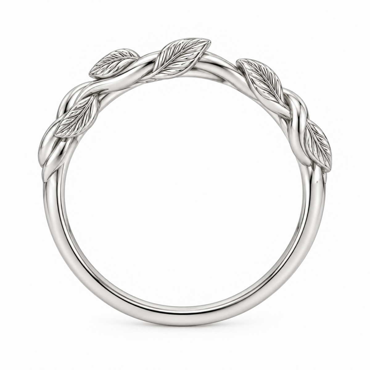 [metal:white-gold] Briony Botanical Ring — top — Sculpted vine band with leaf details, circular elevation studio view [catalog-v4]