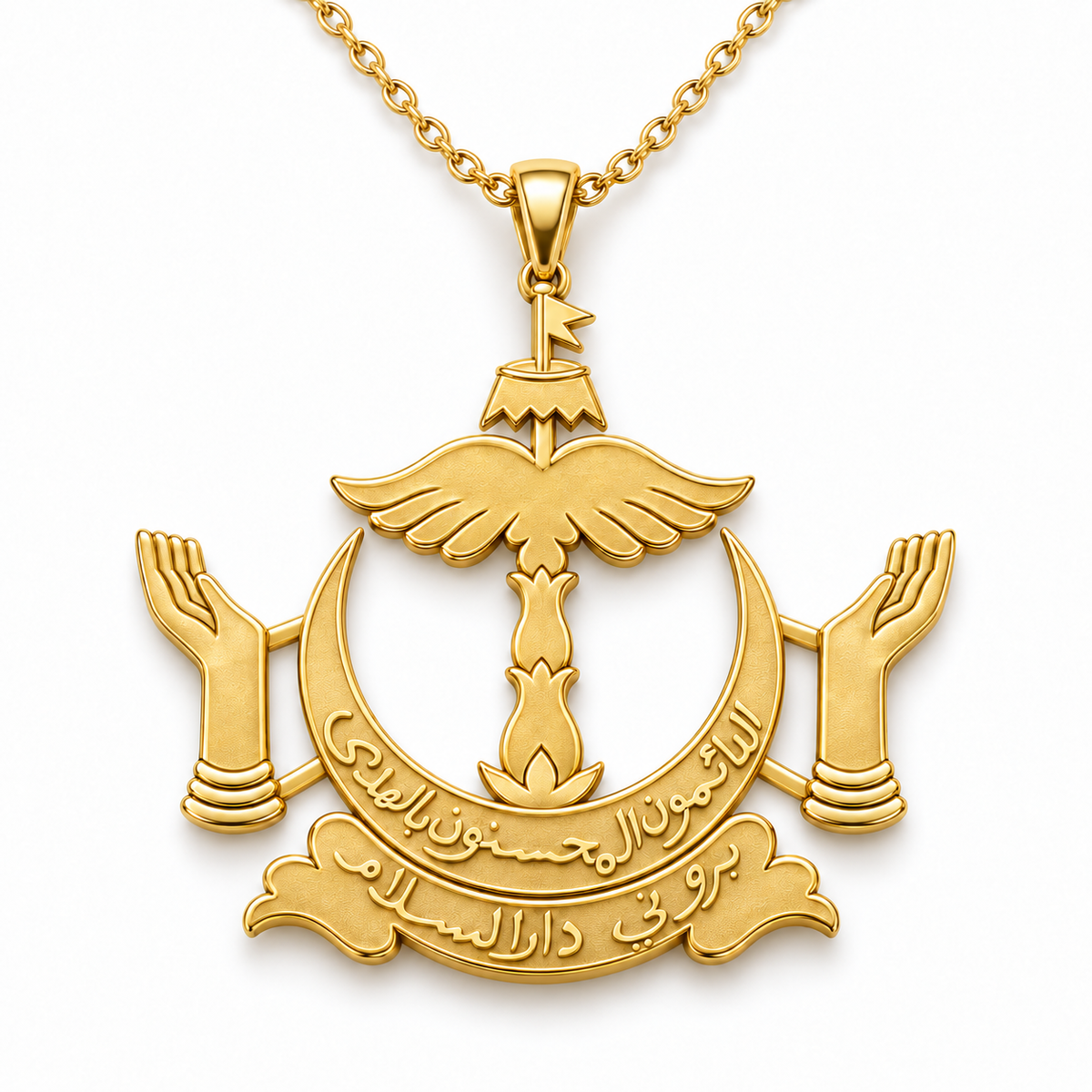 Brunei Emblem Pendant — front, yellow gold; any chain shown is an optional styling accessory