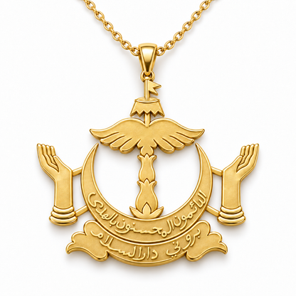 Brunei Emblem Pendant — front, yellow gold; any chain shown is an optional styling accessory