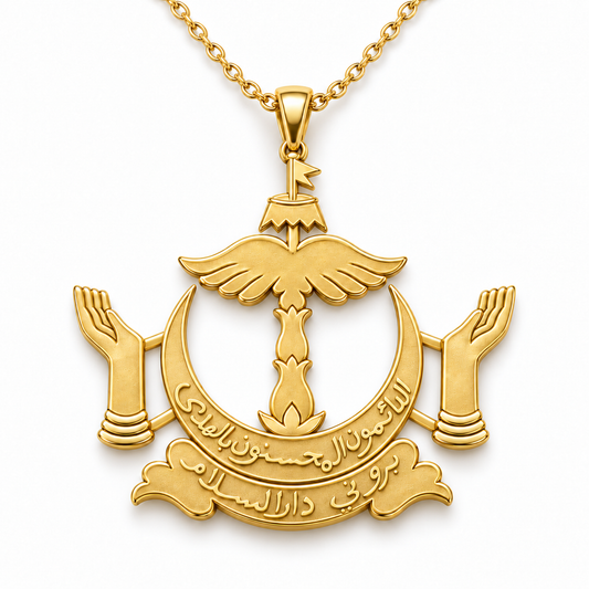 Brunei Emblem Pendant — front, yellow gold; any chain shown is an optional styling accessory