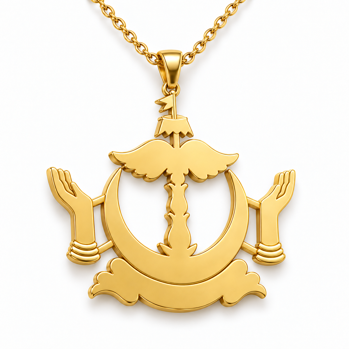 Brunei Emblem Pendant — plain reverse angle, yellow gold; any chain shown is an optional styling accessory
