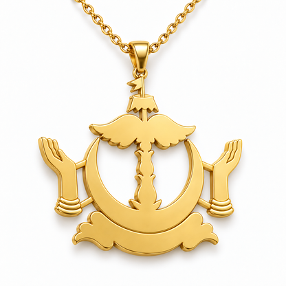 Brunei Emblem Pendant — plain reverse angle, yellow gold; any chain shown is an optional styling accessory