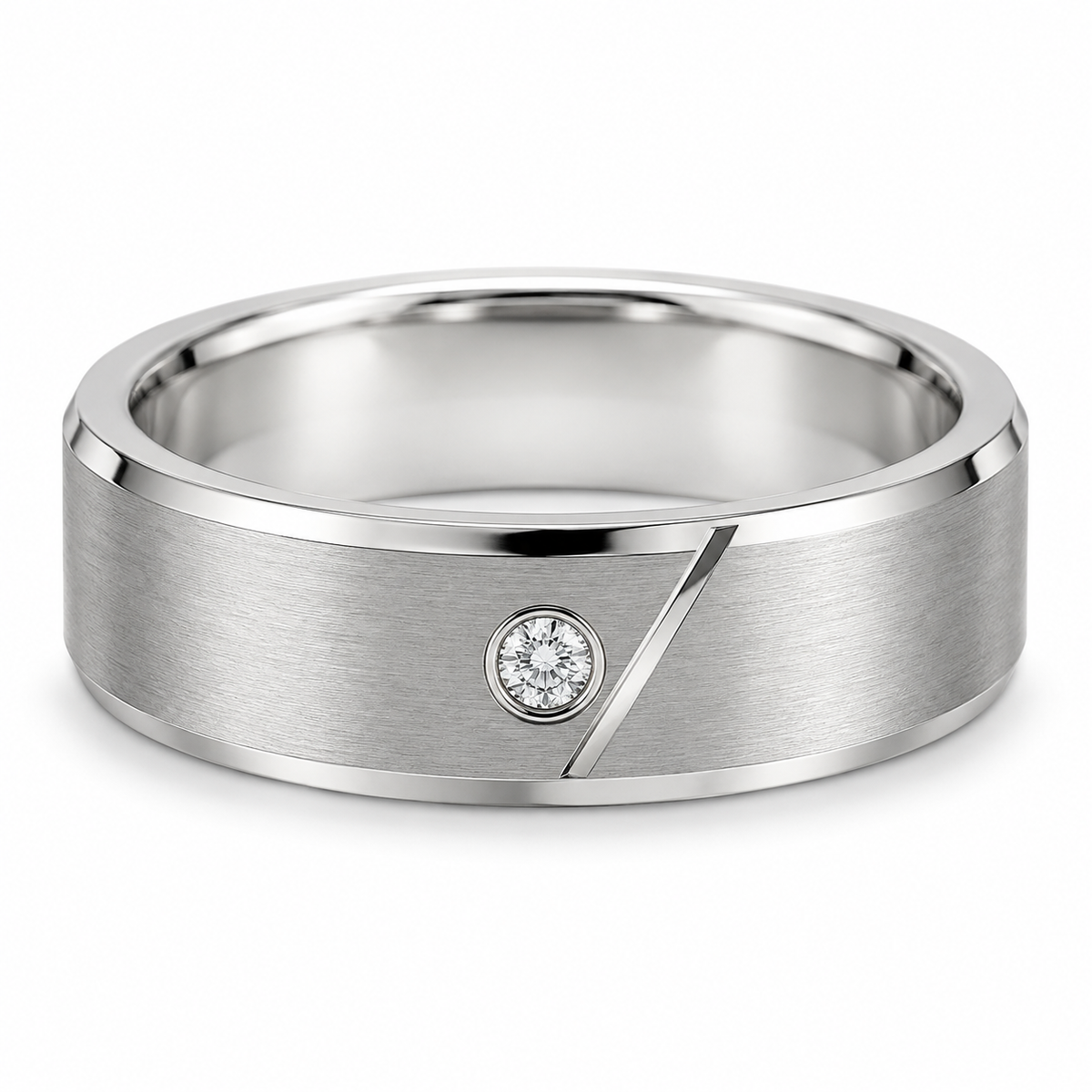 [metal:white-gold] Caedmon Diagonal Bezel Band — front — Mens 6 mm flat satin wedding band, exactly one small round diamond in a flush circular bezel on front, a short narrow engraved diagonal polished line runs beside but does not cross diamond. Thin polished bevel edges, smooth circular comfort-fit bore. No other stones. [catalog-v4]