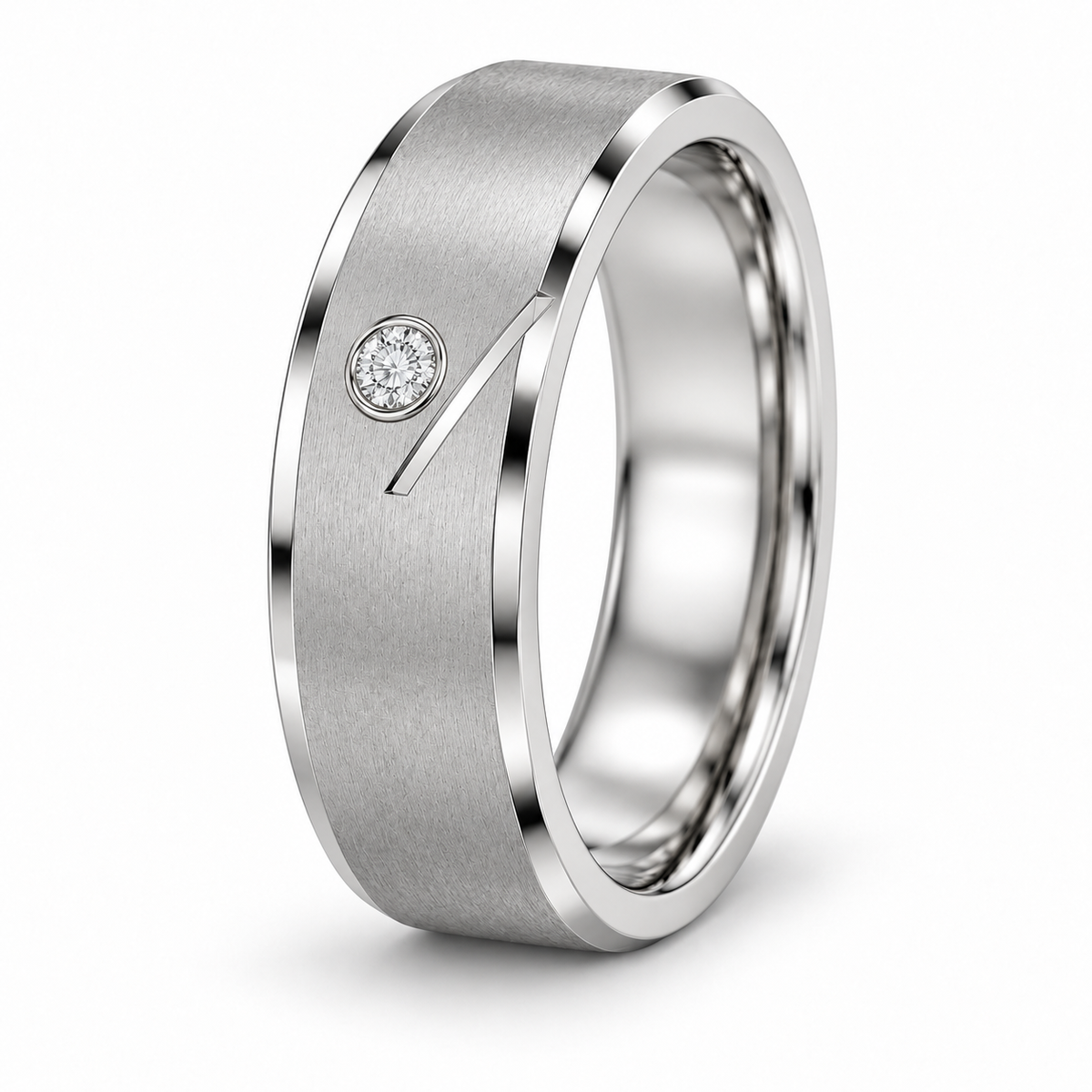 [metal:white-gold] Caedmon Diagonal Bezel Band — oblique — Same design shown oblique [catalog-v4]
