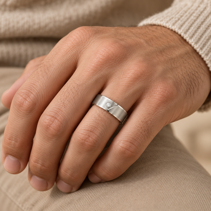 [metal:white-gold] Caedmon Diagonal Bezel Band — worn — Same design shown worn [catalog-v4]