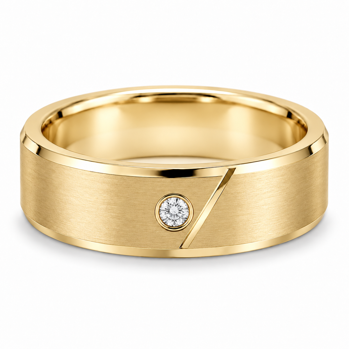 [metal:yellow-gold] Caedmon Diagonal Bezel Band — front — Mens 6 mm flat satin wedding band, exactly one small round diamond in a flush circular bezel on front, a short narrow engraved diagonal polished line runs beside but does not cross diamond. Thin polished bevel edges, smooth circular comfort-fit bore. No other stones. [catalog-v4]