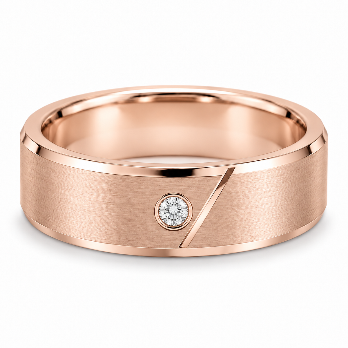 [metal:rose-gold] Caedmon Diagonal Bezel Band — front — Mens 6 mm flat satin wedding band, exactly one small round diamond in a flush circular bezel on front, a short narrow engraved diagonal polished line runs beside but does not cross diamond. Thin polished bevel edges, smooth circular comfort-fit bore. No other stones. [catalog-v4]