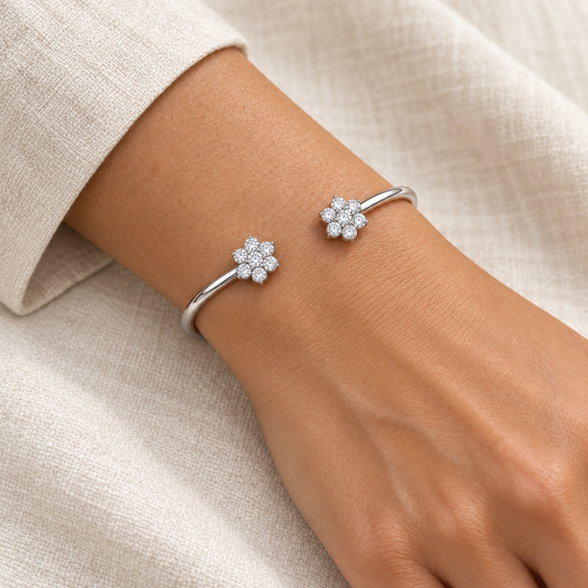 [metal:all] Camellia Cuff — worn — Human-worn styling illustration [catalog-v4]