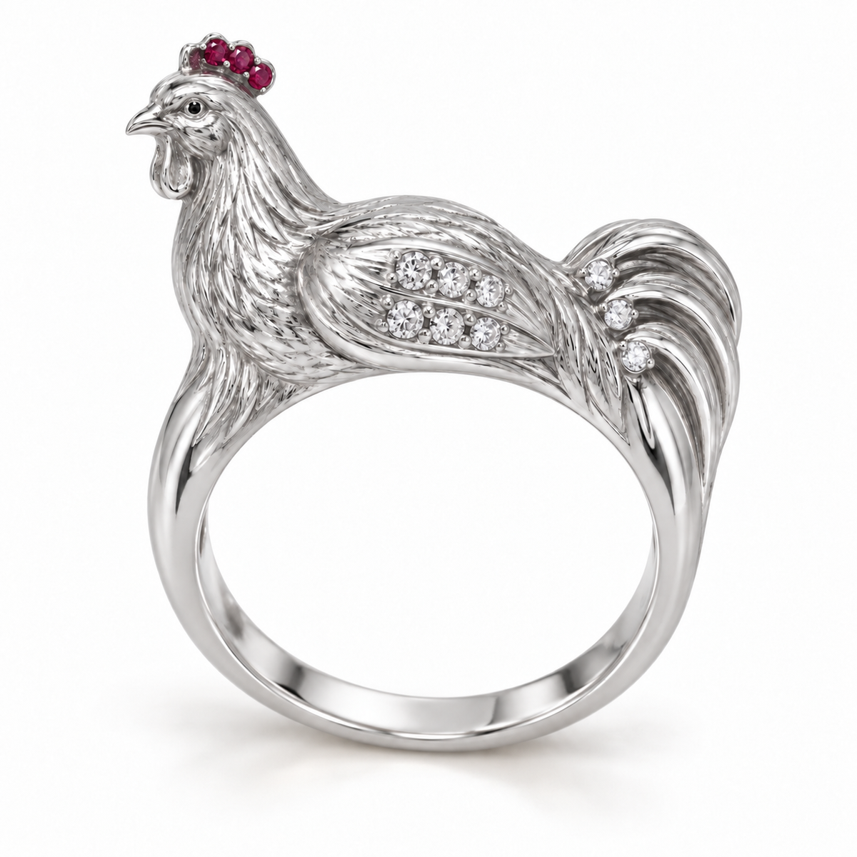 Cantata Rooster Ring — hero — [metal:white-gold]