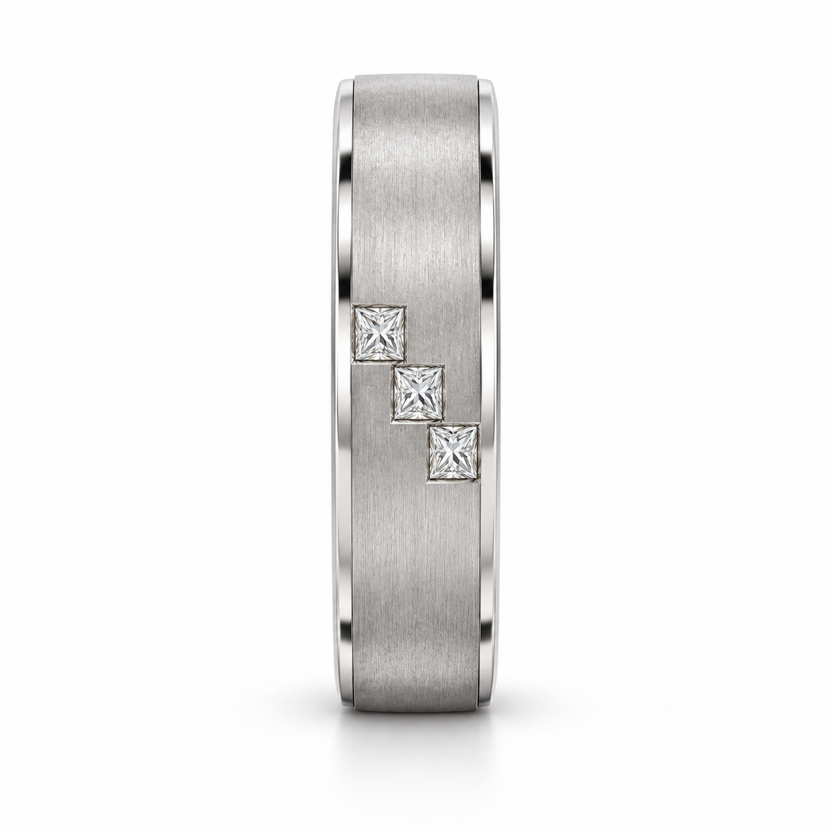 [metal:white-gold] Cedric Diagonal Trio Band — side-profile — broad brushed white gold band with exactly three small square princess diamonds flush set in a diagonal line across central front face, thin polished edges, side-profile view [catalog-v4]
