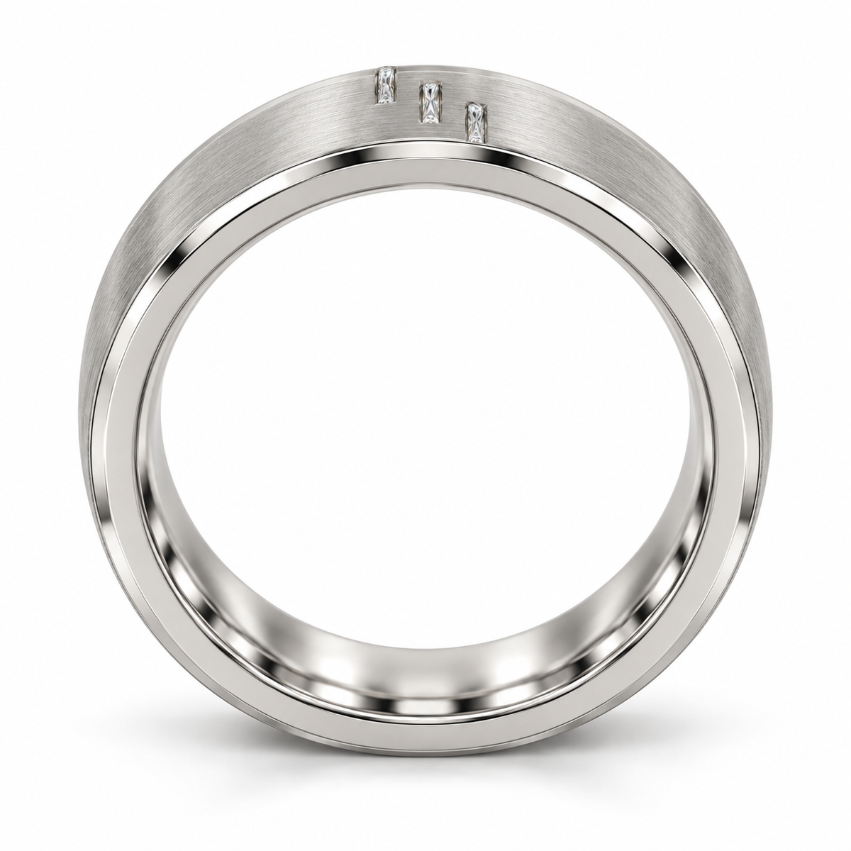 [metal:white-gold] Cedric Diagonal Trio Band — top — broad brushed white gold band with exactly three small square princess diamonds flush set in a diagonal line across central front face, thin polished edges, top view [catalog-v4]