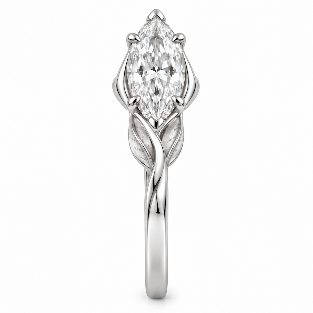 [metal:white-gold] Celandine Leaf-Twist Setting — side-profile — Original setting design illustration [catalog-v4]