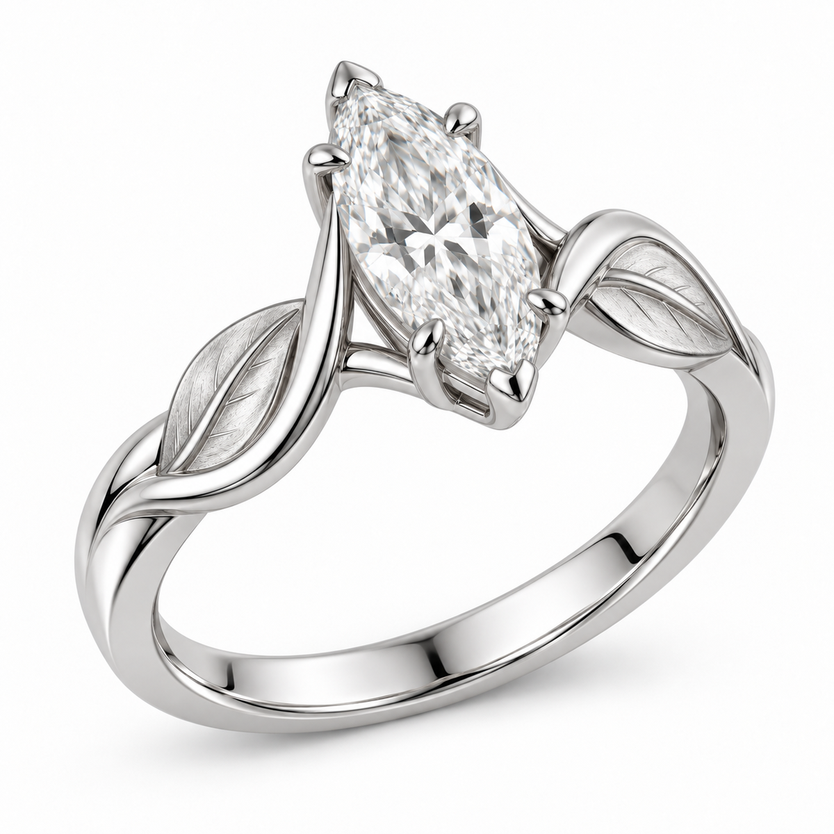[metal:white-gold] Celandine Leaf-Twist Setting — three-quarter — Original setting design illustration [catalog-v4]
