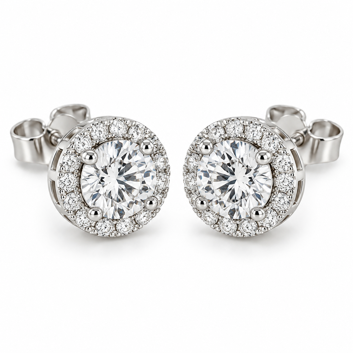 [metal:white-gold] Celeste Halo Earrings — front — illustrative design render [catalog-v2]