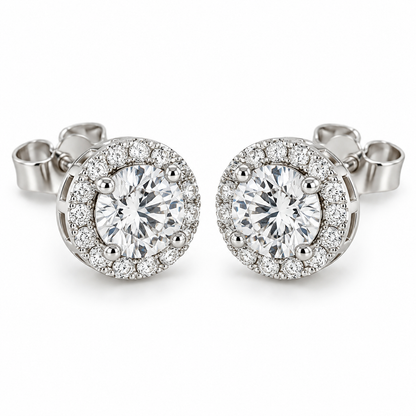 [metal:white-gold] Celeste Halo Earrings — front — illustrative design render [catalog-v2]