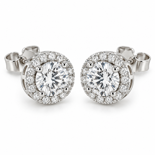 [metal:white-gold] Celeste Halo Earrings — front — illustrative design render [catalog-v2]