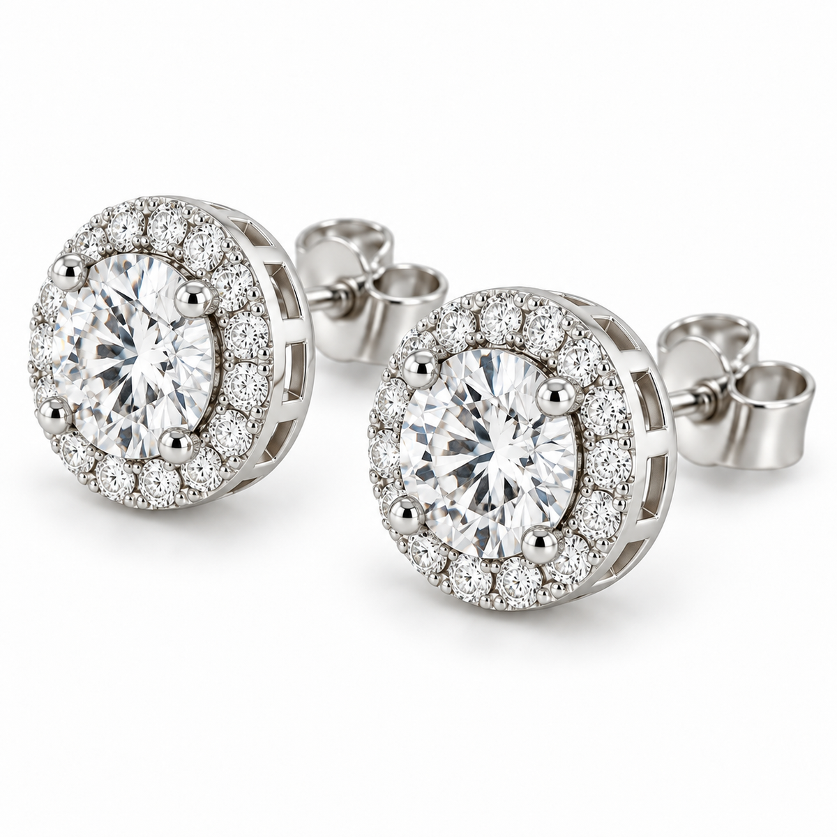 [metal:white-gold] Celeste Halo Earrings — three-quarter — illustrative design render [catalog-v2]