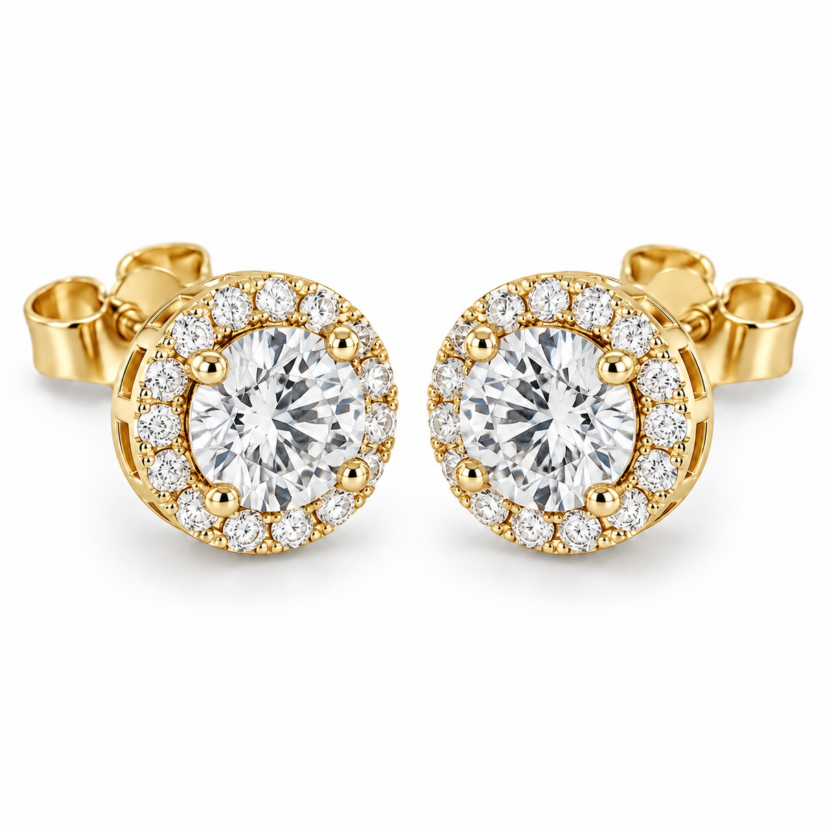 [metal:yellow-gold] Celeste Halo Earrings — front — illustrative design render [catalog-v2]