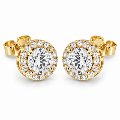 [metal:yellow-gold] Celeste Halo Earrings — front — illustrative design render [catalog-v2]