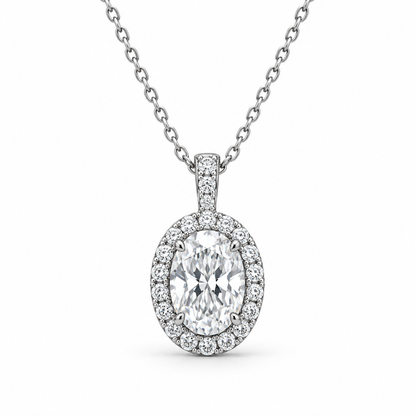 [metal:white-gold] Celestine Halo Necklace — front — Oval halo pendant, front studio view [catalog-v4]
