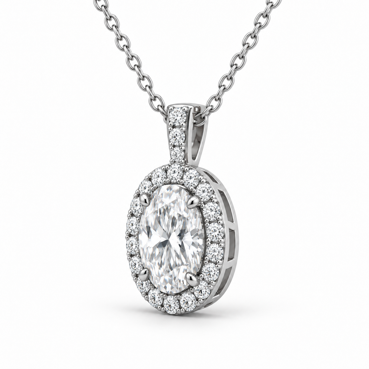 [metal:white-gold] Celestine Halo Necklace — three-quarter — Oval halo pendant, oblique studio view [catalog-v4]