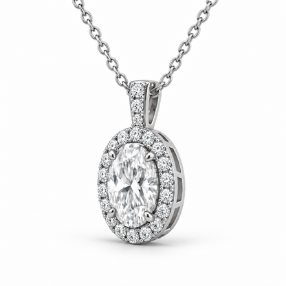 [metal:white-gold] Celestine Halo Necklace — three-quarter — Oval halo pendant, oblique studio view [catalog-v4]