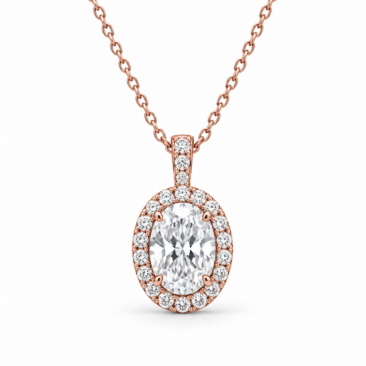 [metal:rose-gold] Celestine Halo Necklace — front — Rose gold colour preview [catalog-v4]