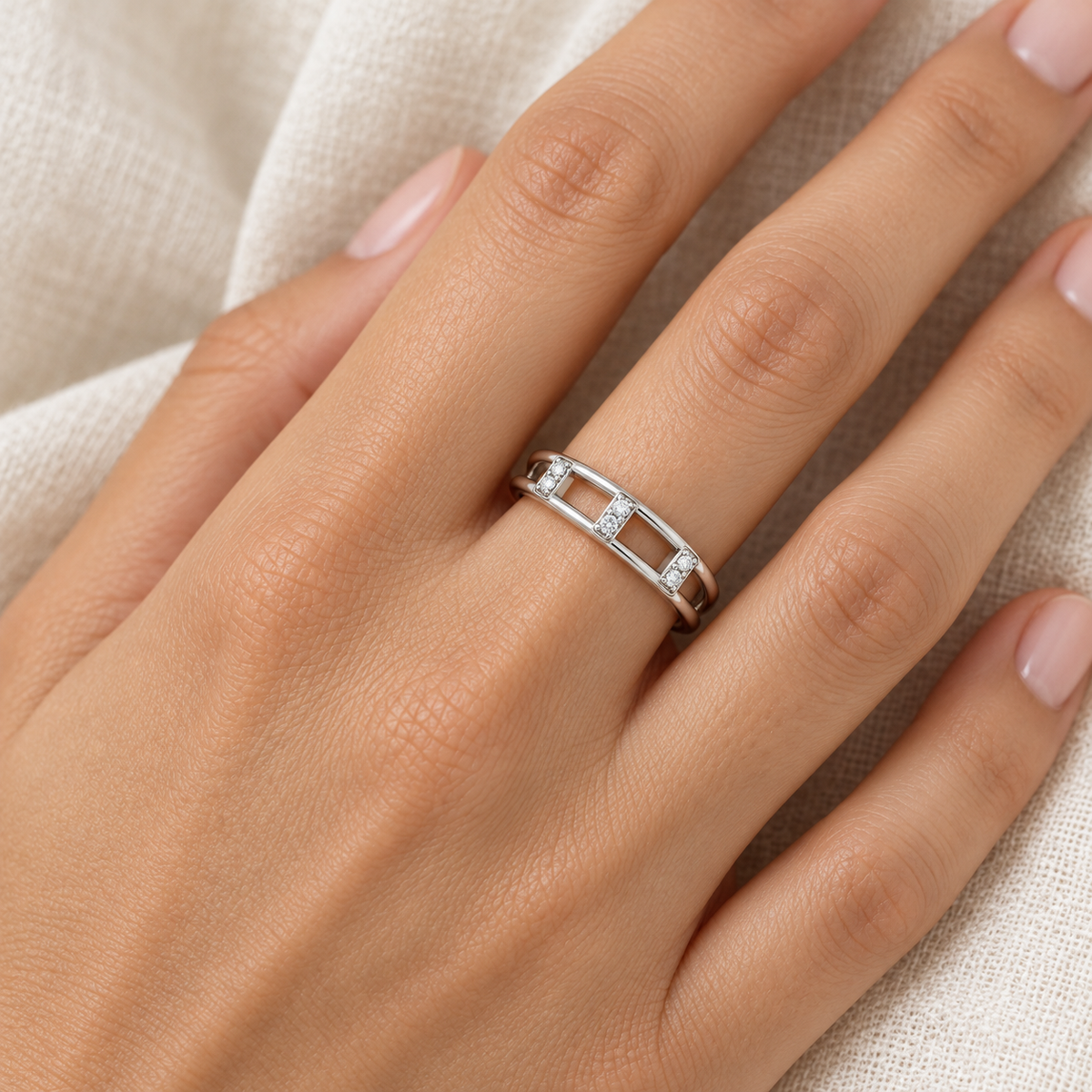 [metal:all] Clarisse Diamond Ladder Ring — worn — Human-worn styling illustration [catalog-v4]
