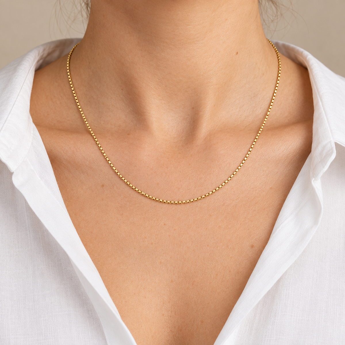 Classic Box Chain Necklace — worn styling, yellow gold illustration