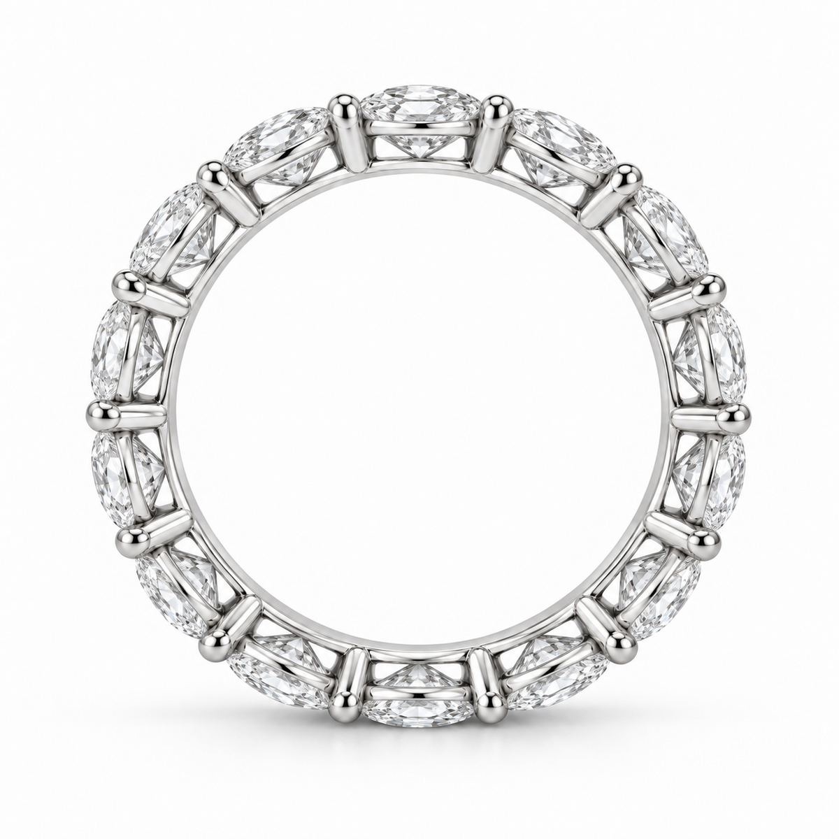 [metal:white-gold] Colette Oval Eternity Ring — top — Oval diamond eternity ring, circular elevation studio view [catalog-v4]