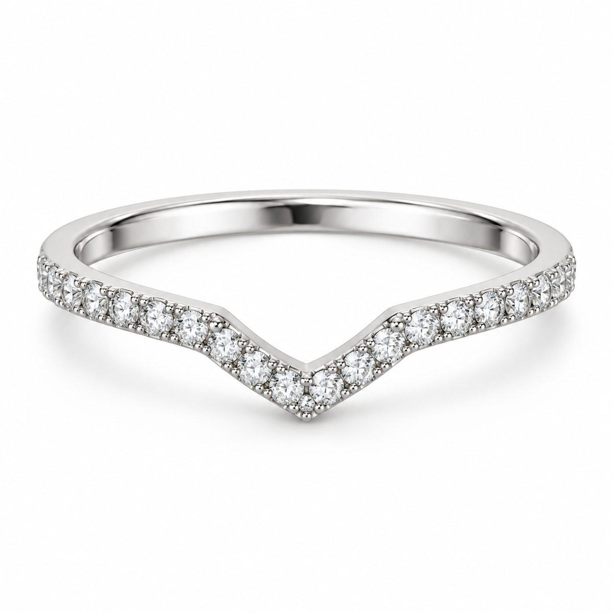 [metal:white-gold] Coraline Chevron Diamond Ring — front — Slim chevron pavé diamond band, shallow front studio view [catalog-v4]