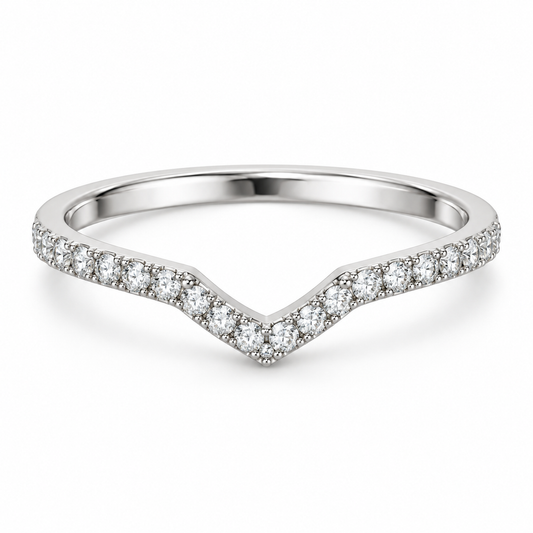 [metal:white-gold] Coraline Chevron Diamond Ring — front — Slim chevron pavé diamond band, shallow front studio view [catalog-v4]