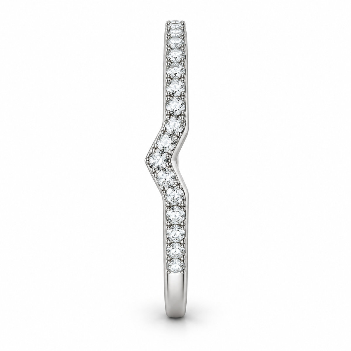 [metal:white-gold] Coraline Chevron Diamond Ring — side-profile — Slim chevron pavé diamond band, edge profile studio view [catalog-v4]