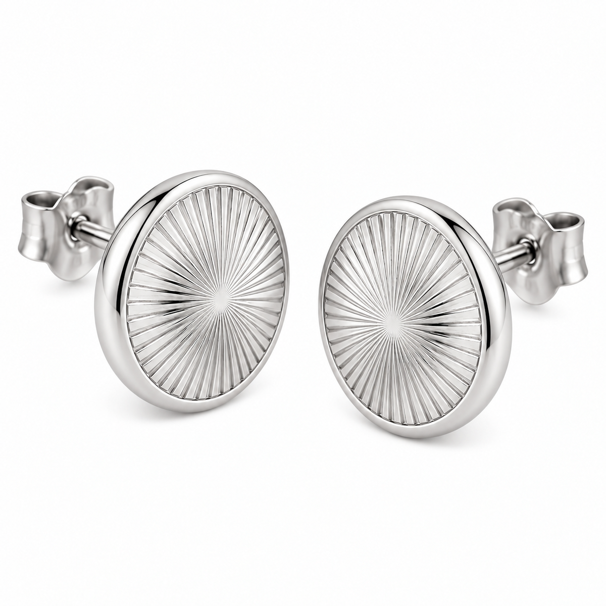 [metal:white-gold] Cressida Sunburst Disc Studs — three-quarter — Cressida Sunburst Disc Studs three-quarter design illustration [catalog-v4]